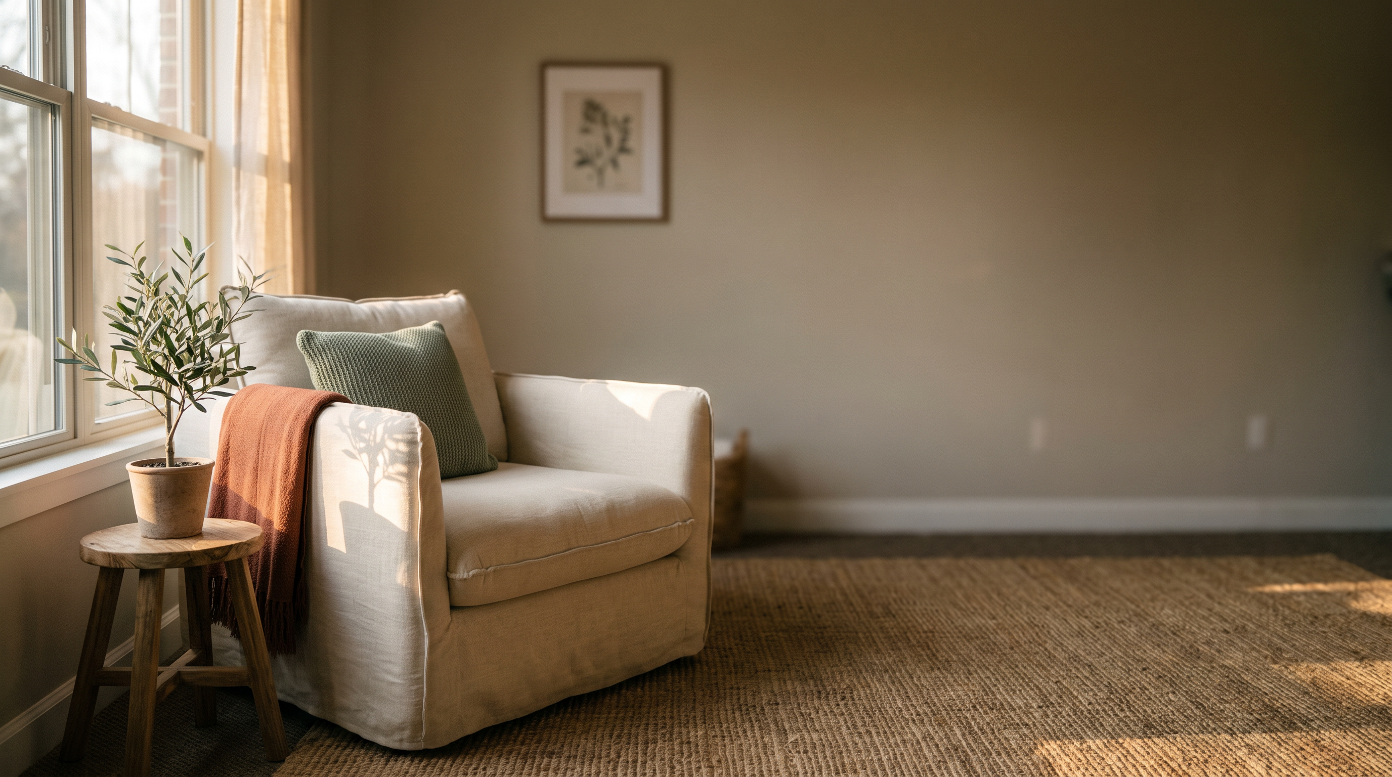 A warm, softly lit counselling room with a comfortable armchair and natural light